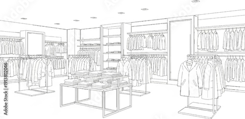 Sketch of a clothing store interior with racks of apparel and folded items