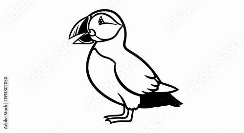 Stylized black and white illustration of a puffin bird