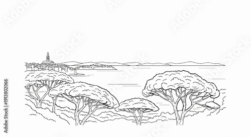 Sketch of a coastal town and pine trees by the sea