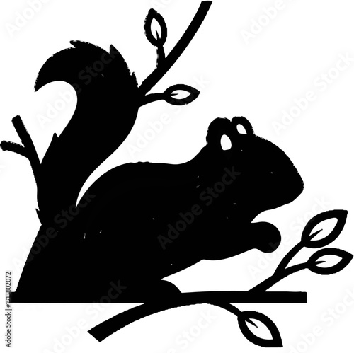 Stylized black silhouette of a squirrel perched on a tree branch