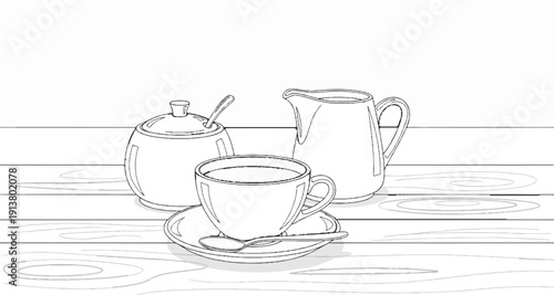Sketch of a coffee cup, sugar bowl, and creamer on a wooden surface