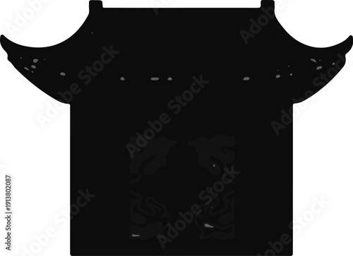 Stylized black silhouette of a traditional East Asian architectural structure