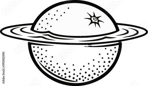 Stylized black and white planetary icon with rings and a starburst