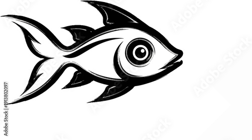 Stylized black brushstroke depiction of a fish with large eye against white