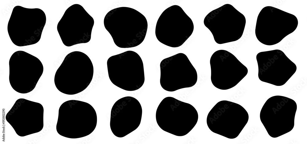 Fototapeta premium Abstract organic blob shapes set featuring irregular fluid forms in minimal black style. Modern amorphous geometric collection.