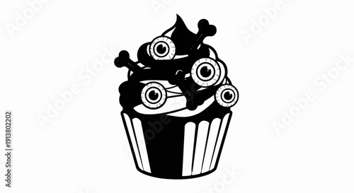 Spooky cupcake with realistic eyeball and bone decorations
