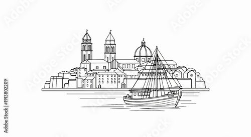 Sketch of a historic coastal town with domed buildings and a sailing vessel