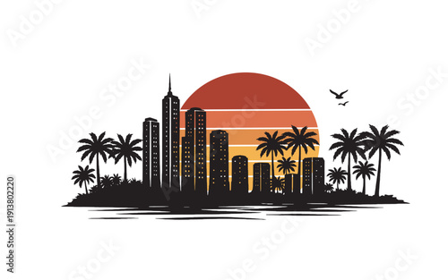 Vector silhouette of tropical landscape and cityscape silhouette orange sunset