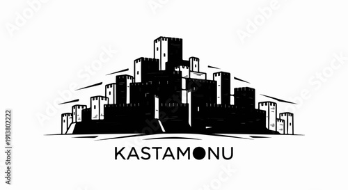 Stylized black fortress with crenellated towers against white background