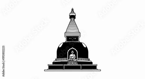 Stylized Buddhist stupa with seated Buddha figure at its base
