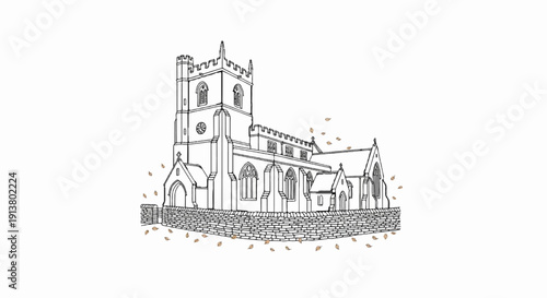 Sketch of a historic stone church with falling autumn leaves
