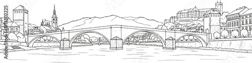 Sketch of a historic European city with a bridge spanning a river