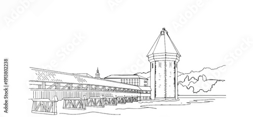 Sketch of a historic wooden covered bridge and a water tower