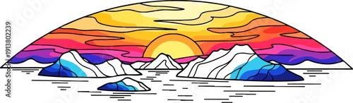 Stylized arctic landscape with icebergs under a vibrant sunset sky
