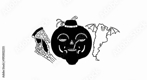 Spooky Halloween-themed illustration with a pumpkin, pizza slice, and bat