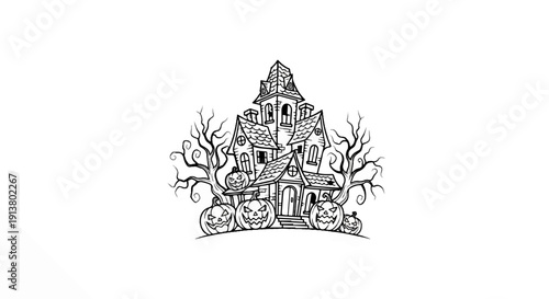 Spooky haunted house with carved pumpkins and bare trees