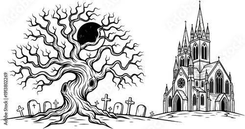Spooky old tree with gnarled branches stands by a gothic church at night
