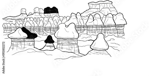 Stylized black and white sketch of hoodoos in a desert landscape