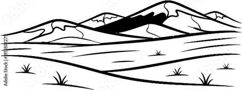 Stylized black and white sketch of rolling hills with distant, jagged mountains and sparse grass