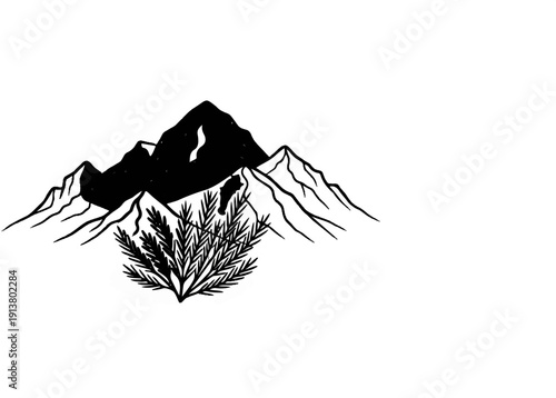 Stylized black and white sketch of mountains with a leafy shrub