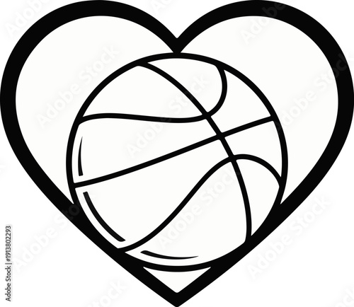 Stylized basketball inside a bold outline of a heart, black and white
