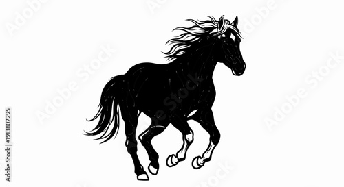 Stylized black horse with flowing mane and tail gallops forward