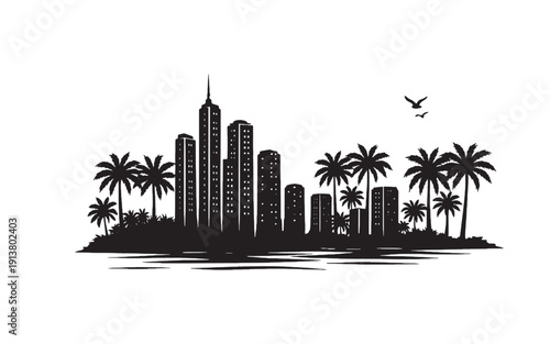 Vector silhouette of tropical landscape and cityscape silhouette logo