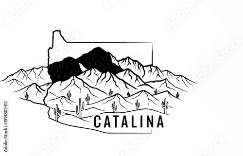 Stylized desert mountain range with cacti and text inside outline