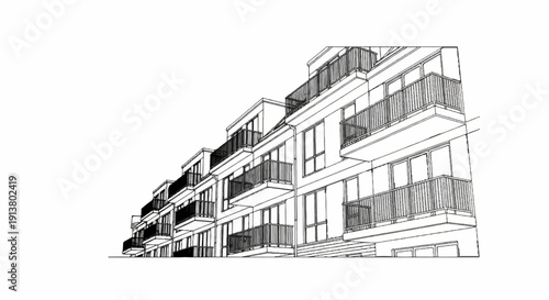 Sketch of a modern apartment building with multiple balconies