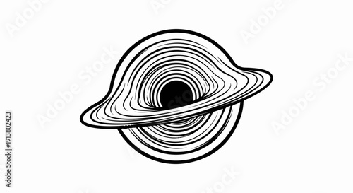 Stylized black and white illustration of a swirling cosmic phenomenon