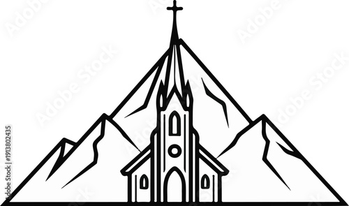 Stylized church with steeple nestled behind mountain peaks