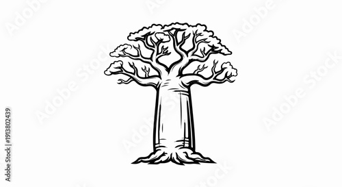 Stylized black ink illustration of a broad baobab tree with thick trunk