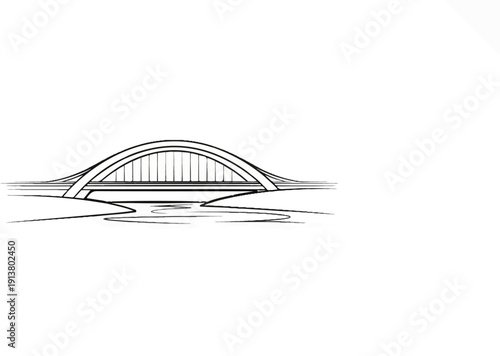Sketch of a modern arch bridge spanning a river in black ink