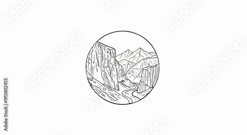 Stylized circular graphic of a rugged mountain gorge with a winding river