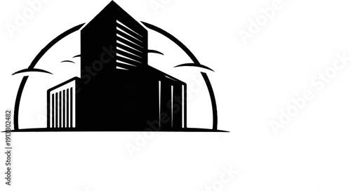 Stylized black and white architectural emblem with semicircular frame