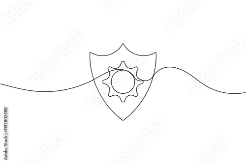 Gear and shield security icon continuous one line drawing on white background minimalist automation protected system symbol outline vector illustration