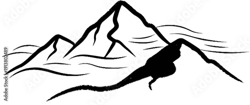 Stylized black ink mountain range with a solitary peak against a white backdrop