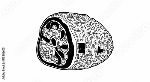 Stylized drawing of a netted roast with a cross-section showing marbling
