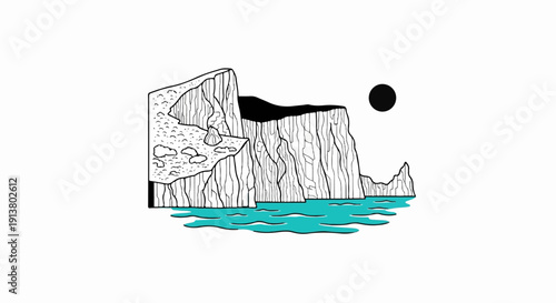Stylized cliffs with aqua water and a black circle sun against white background