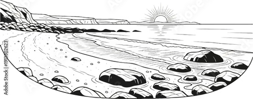 Stylized drawing of a rocky beach with sun setting over calm ocean waves