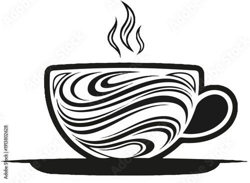 Stylized black and white cup of hot beverage with swirling design and steam