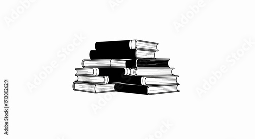 Stack of open black and white books, piled haphazardly, illustrating knowledge