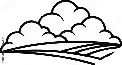 Stylized clouds hover over a field of furrows in a minimalist black and white graphic