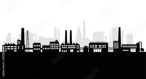 Industrial factory skyline silhouette with smokestacks and buildings.