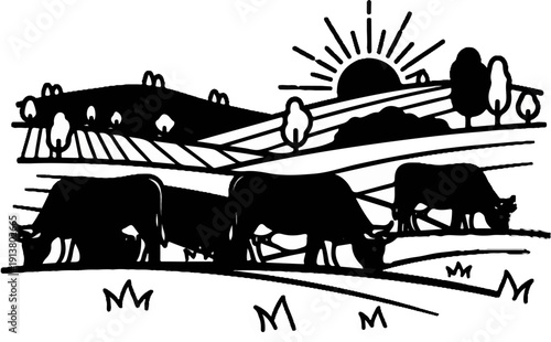 Stylized black and white depiction of a rural landscape with grazing cattle at sunrise