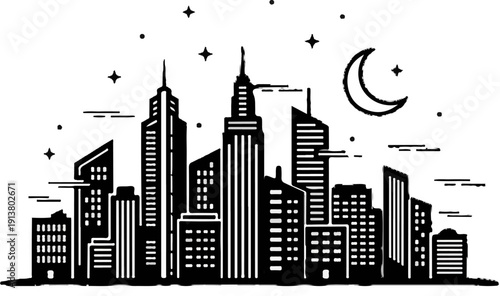 Stylized black and white depiction of a city skyline at night with a crescent moon