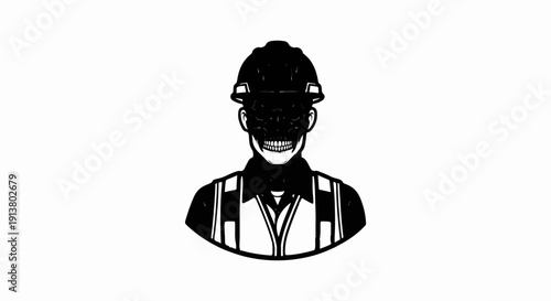 Stylized construction worker with a skull mask, wearing hard hat