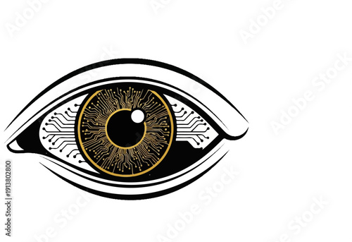 Stylized eye with golden circuit board iris and digital connections