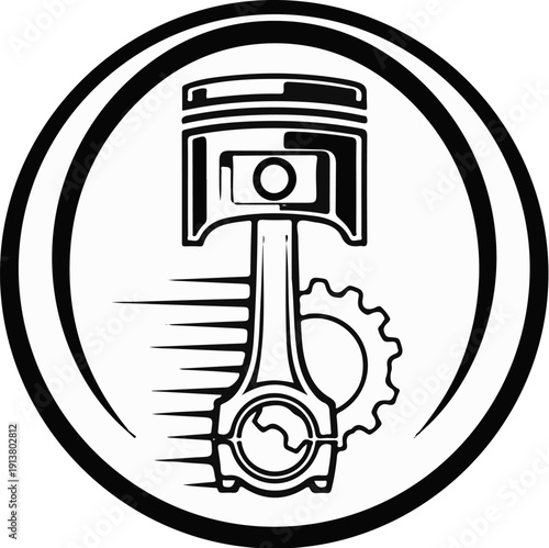 Stylized engine piston with connecting rod and gear, in a circle