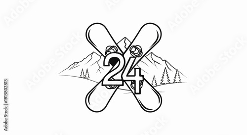 Stylized crossed snowboards with '24' superimposed over mountain landscape